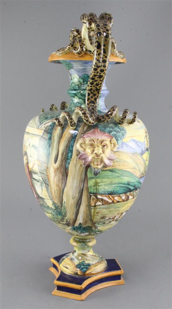 A large Italian maiolica Historiata Campana shaped urn, 20th century, 56.5cm